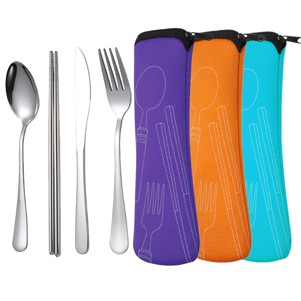 

4PCS/Set Dinnerware Portable Stainless Steel Chopsticks Spoon Fork Steak Knife Set Travel Cutlery Tableware With Storage Bag