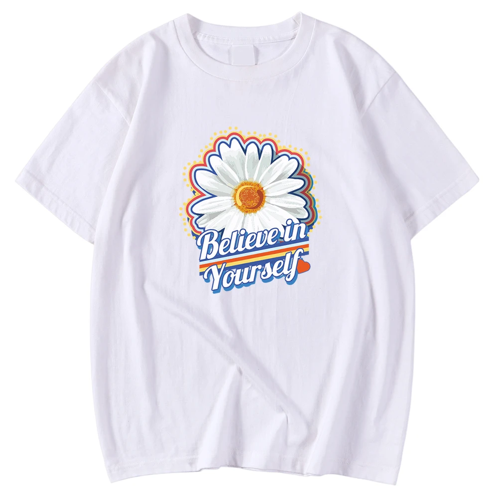 

Kohpweran Chrysanthemum Believe Yourself Printing Oversized Breathable Male Tees Shirts Short Sleeve Tops Round Neck T Shirt