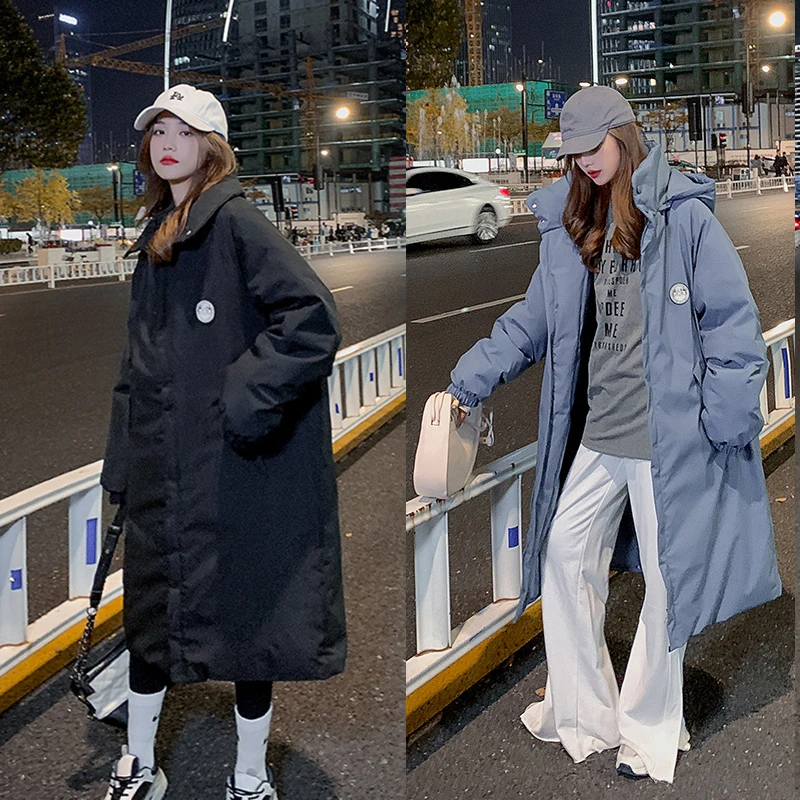 

2022 Women New Fashion Winter Thick Jacket Korean Solid Color Hooded Single Breasted Down Cotton Mid-Length Loose Parka Coat