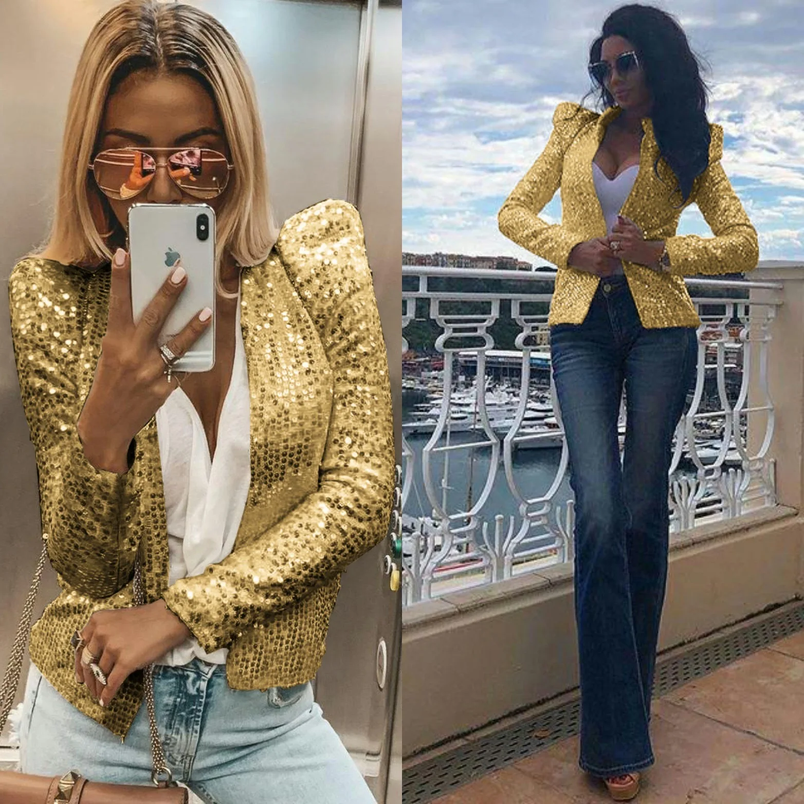 Модные женские тонкие OL блёстки с длинным рукавом блейзеры костюм Повседневный блёстки Блейзер Куртка Пальто Верхняя одежда