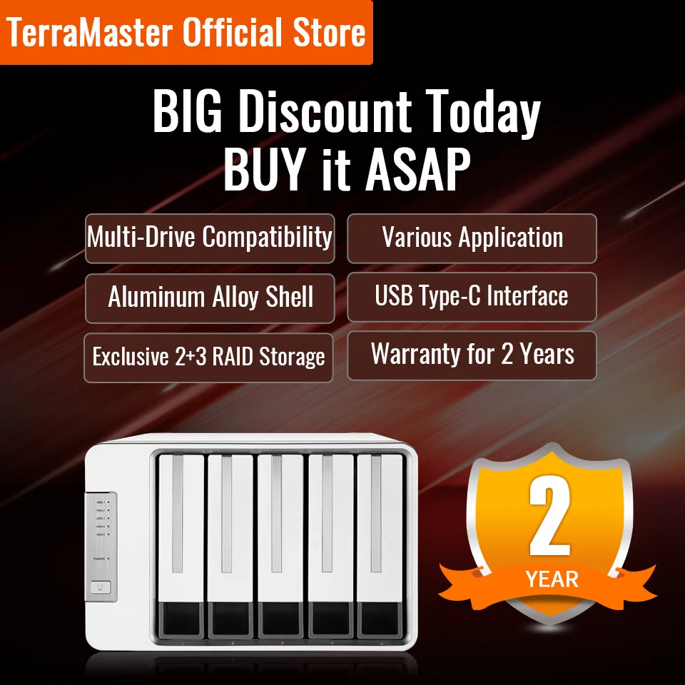 Корпус TerraMaster D5 300C USB3.0(5 Гбит/с) тип C 5 bay RAID поддержка 0/1/Single Exclusive 2 + 3 Mode (без