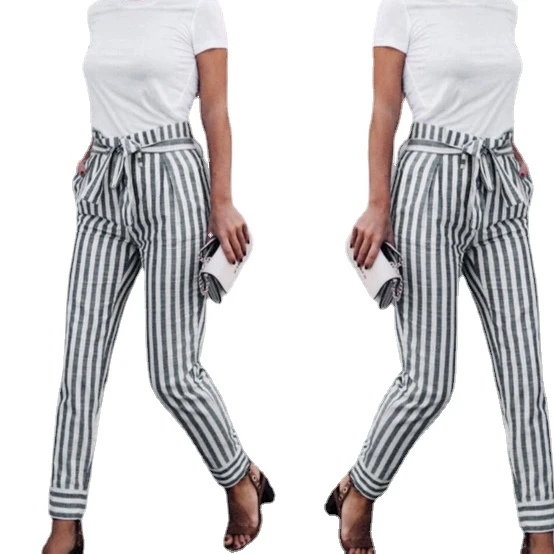 

Summer Women Fashion Long Pants Stripe High Waist Casual Slim Outwear Frenulum Multiple Pockets Clothes