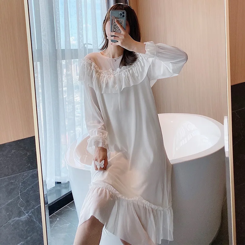 Spring 2021 New Nightdress Women's Thin Cotton Nightgown Lace  Nightwear Long Sleeve Long Skirt Gauze Mesh Home Wear Sleepwear