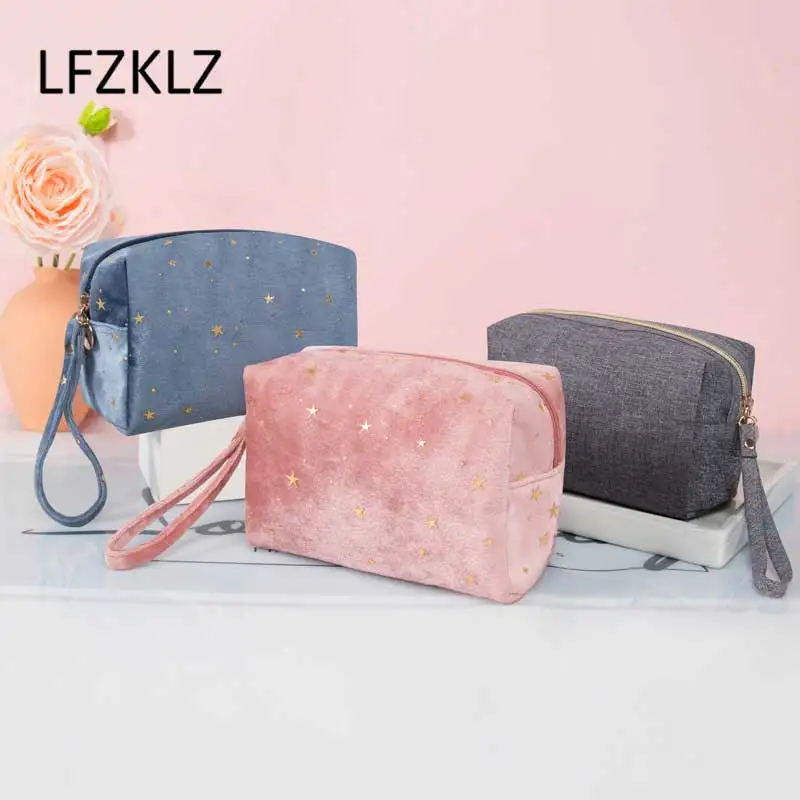 

LFZKLZ 1 Pcs New Retro Women Cosmetic Bag Zipper Gold Star Velvet Makeup Bag Soft Female Travel Make Up Pouch Beauty Case