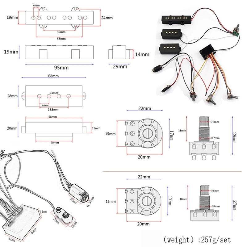 

3 Band Equalizer EQ Preamp Circuit Bass Guitar Tone Control Wiring Harness and JP Pickup Set for Active Bass Pickup