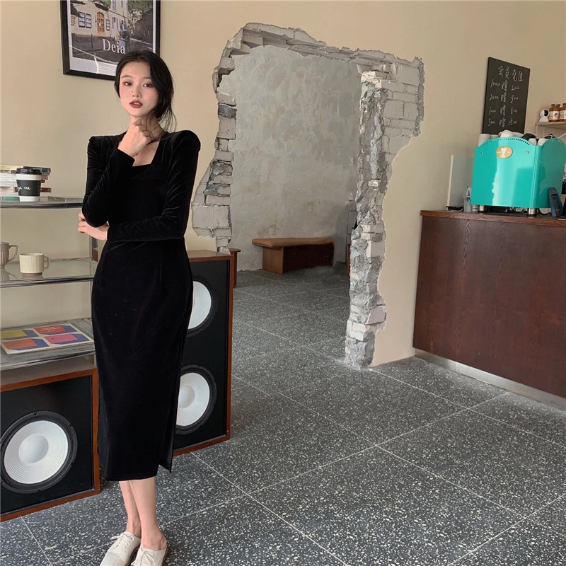 

Женское велюровое платье с квадратным вырезом, черное платье средней длины с длинным рукавом и бантом на спине, осень 2020