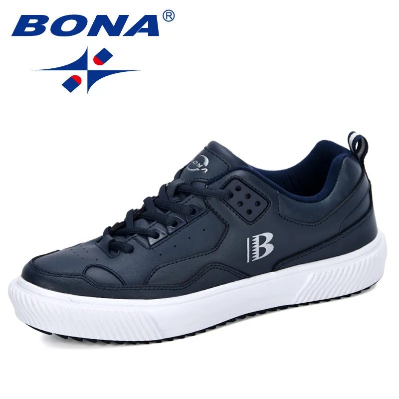 Deep blue S grey BONA новая дизайнерская мужская обувь кроссовки Повседневная мягкая кожаная обувь для скейтборда Мужские Легкие беговые кроссовки для тренировок - Цвет: Deep blue S grey