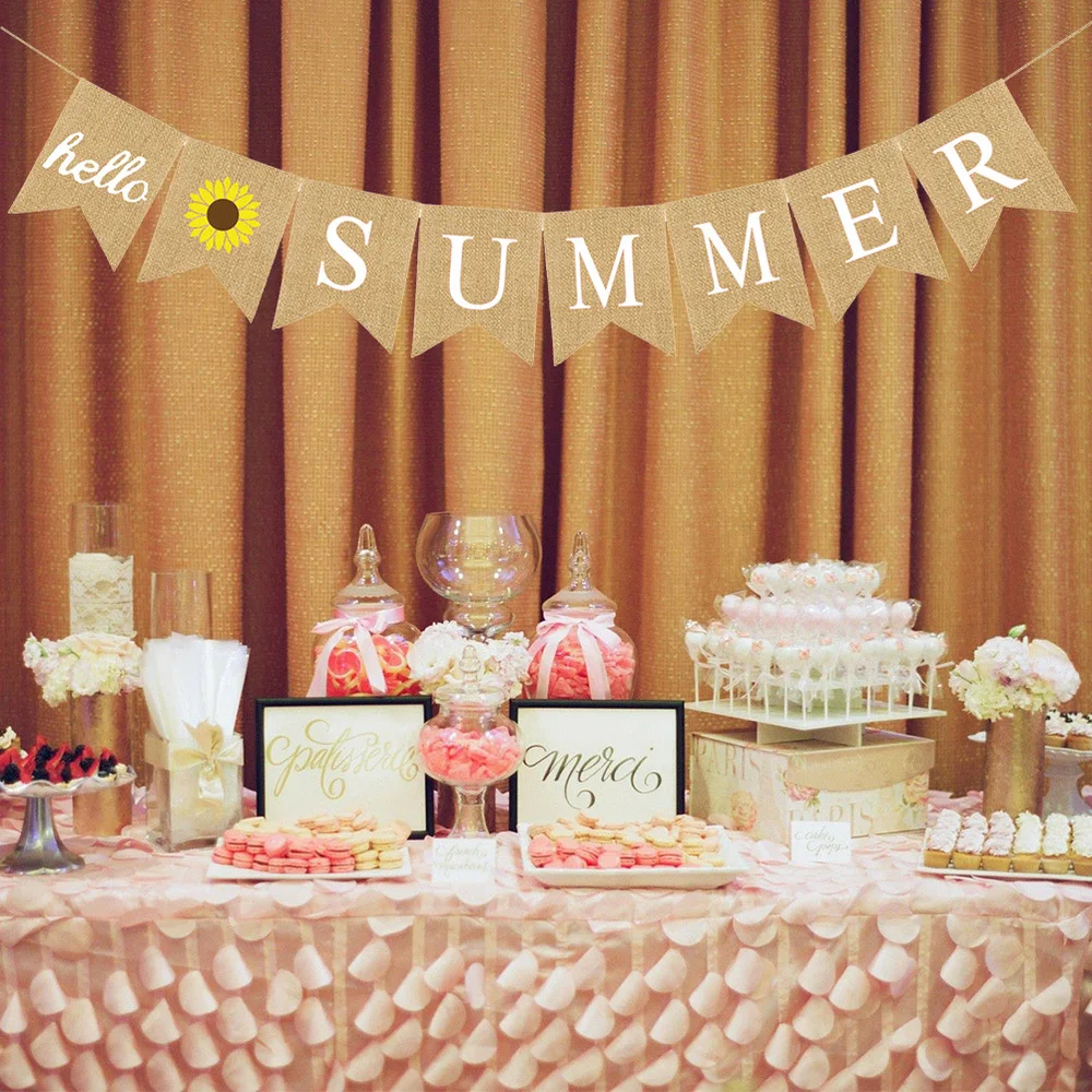 

Garland Hello Summer Letters Garland Hawaii Party Bunting Banner Sunflower Linen Dovetail Shape Party Decoration