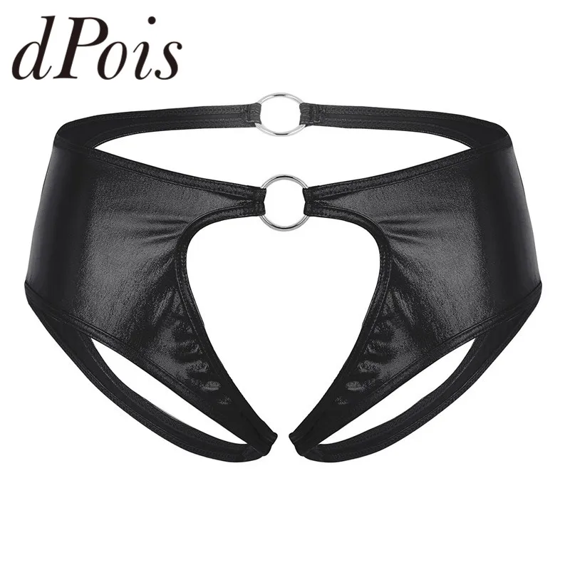 

Sexy Panties For Women Lingerie Soft Faux Leather Open Butt Crotchless Jockstrap Low Rise Briefs Underwear with Metal O-Rings