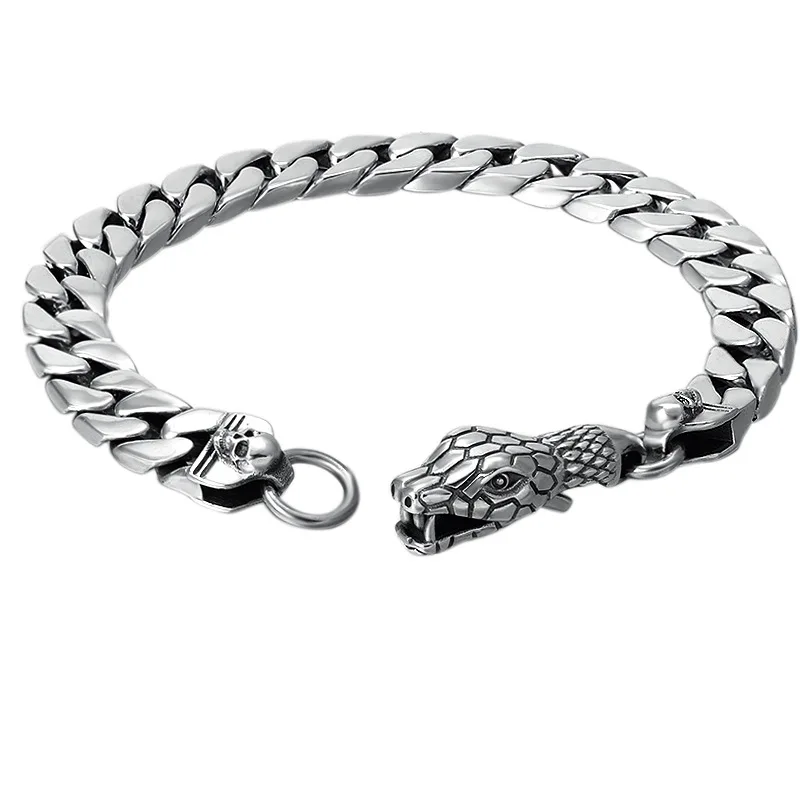 Genuine 925 Sterling Silver Men's Bracelet Jewelry Vintage Classic Snake Head Buckle Glossy Domineering Accessories | Украшения и