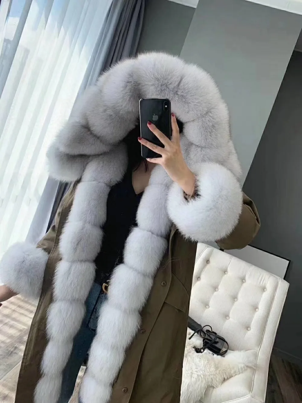 Пальто из натурального меха зимняя куртка женская длинная парка натуральный Лисий меховой капюшон, воротник Рекс подкладка из кроличьего меха Съемная уличная