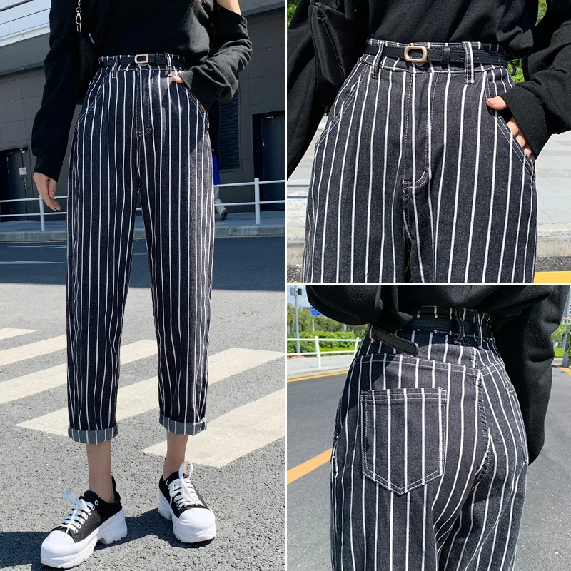 Винтажные полосатые женские джинсы шаровары прямые джинсовые брюки с высокой