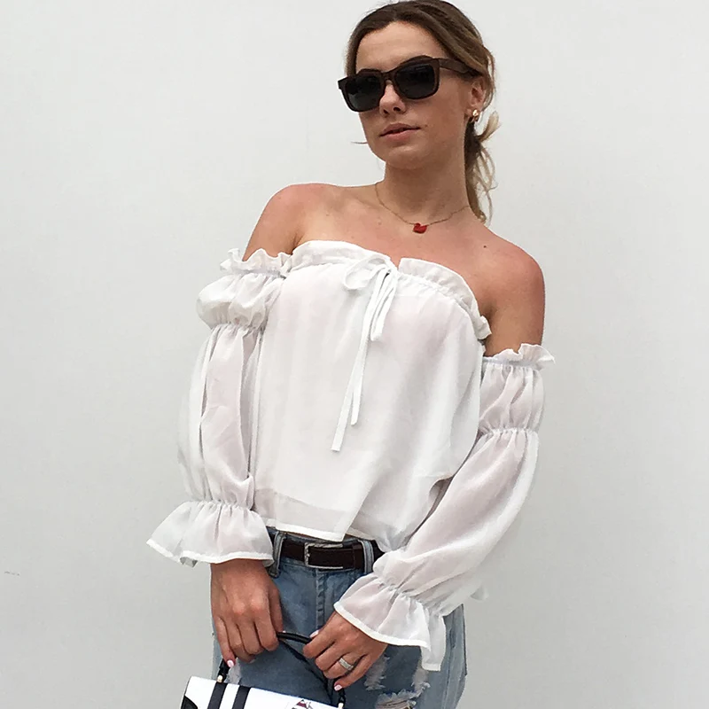 Женские шифоновые блузки с вырезом лодочкой повседневные пляжные белые рубашки