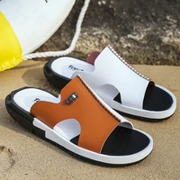 2021 men summer slippers hot sandals fashion peep toe pu flip flops shoes male outdoor non slip flat beach shoes big size 38 46