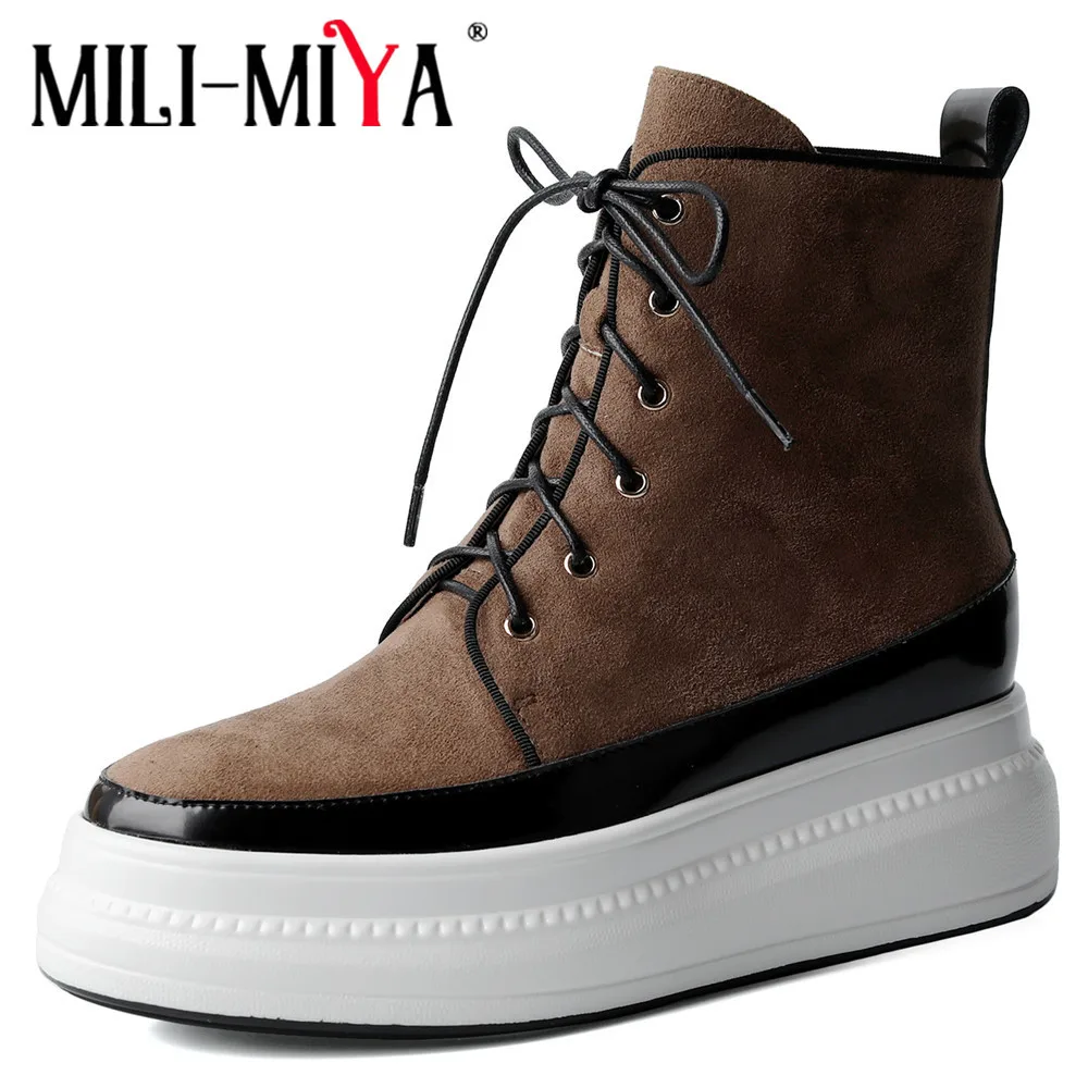 

Женские ботинки из искусственной замши, коричневые повседневные ботильоны на шнуровке, на плоской подошве, с круглым носком, MILI-MIYA