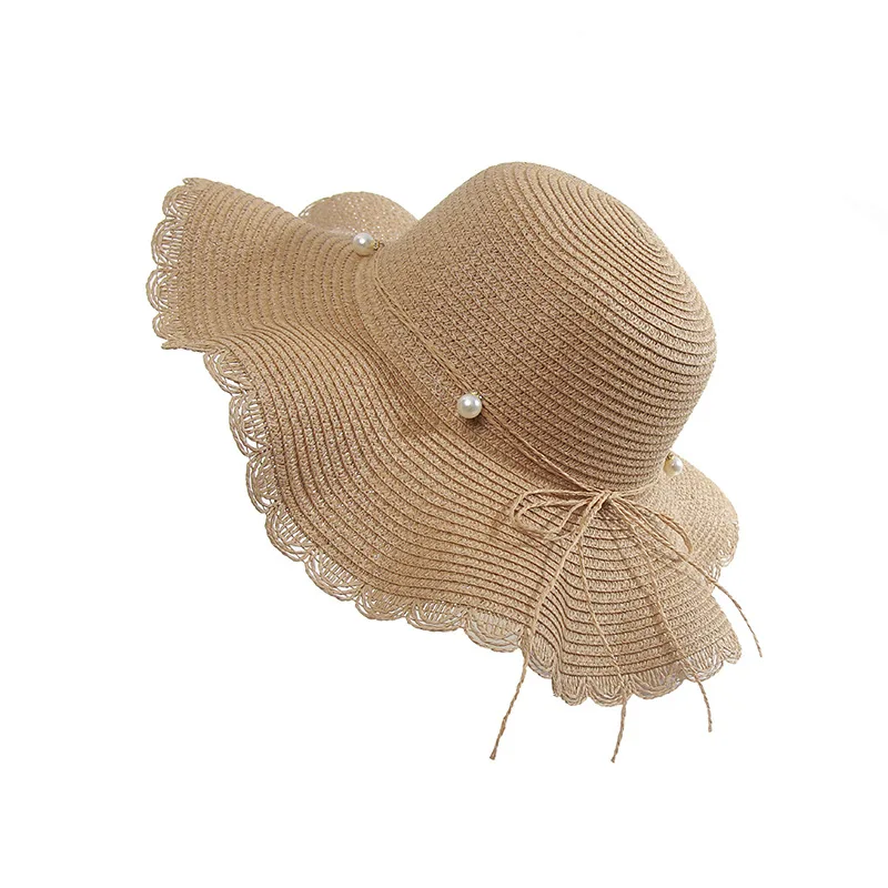 

Straw Hat Woman Summer Wave Along The Pearl Bow Tie Big Brim Hat Travel Beach Sunscreen Sunshade Hat