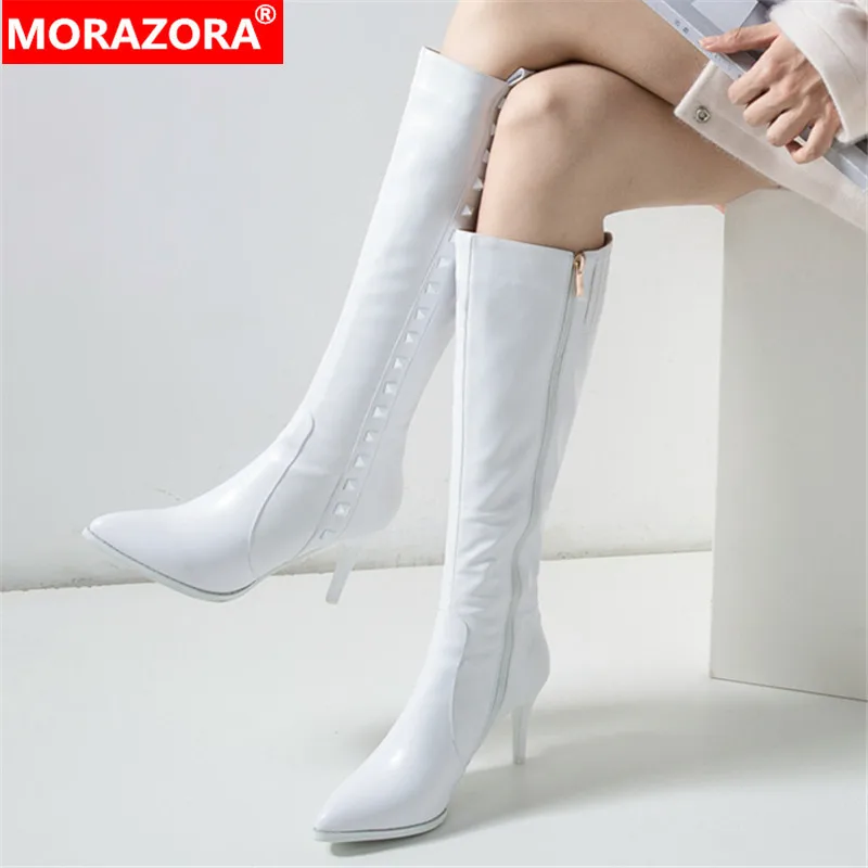 Женские сапоги до колена MORAZORA черные вечерние из натуральной кожи на тонком