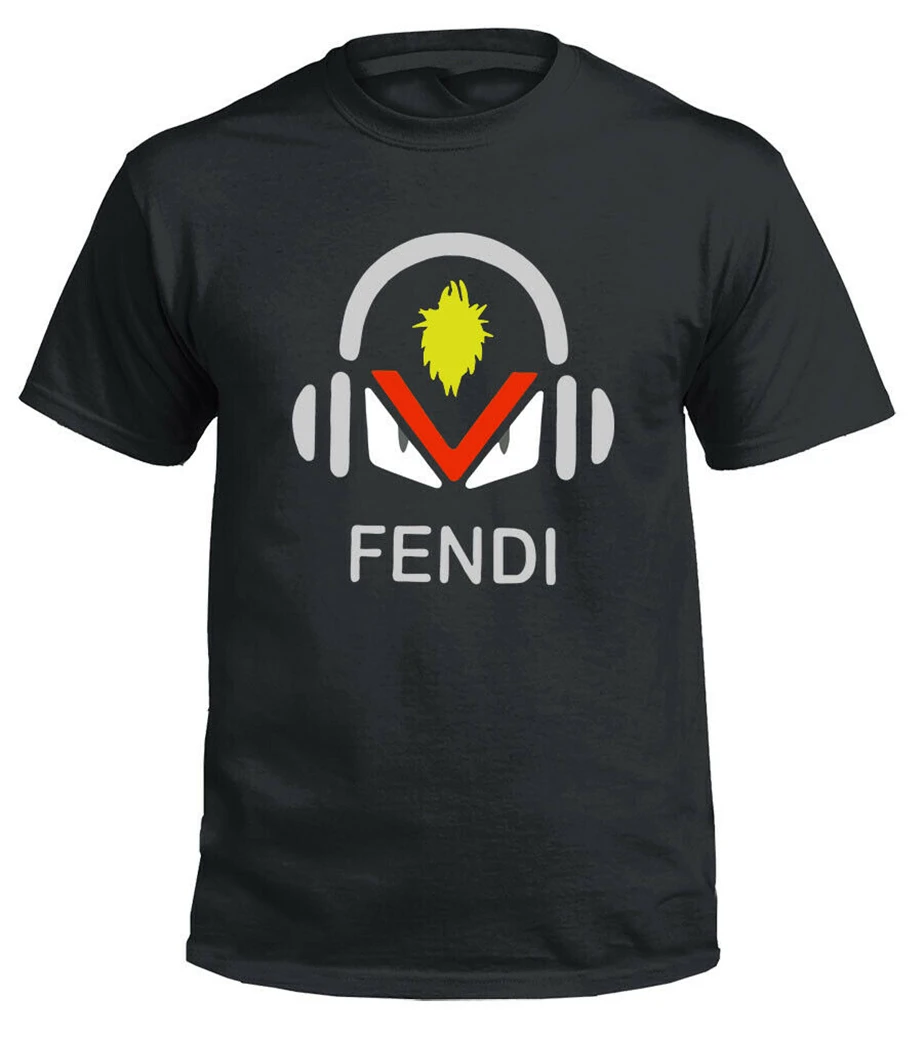 Новинка Fendi3 наушники логотип черная футболка перепринт Мужская Унисекс На Заказ
