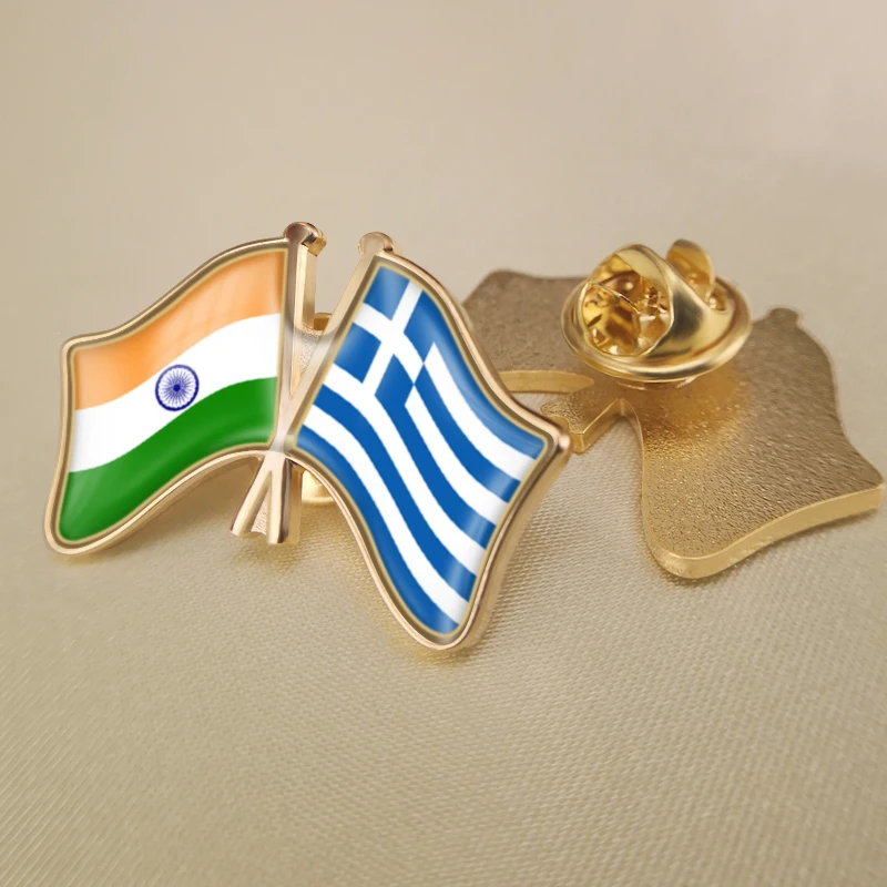 

India and Greece Crossed Double Friendship Flags Lapel Pins Brooch Badges