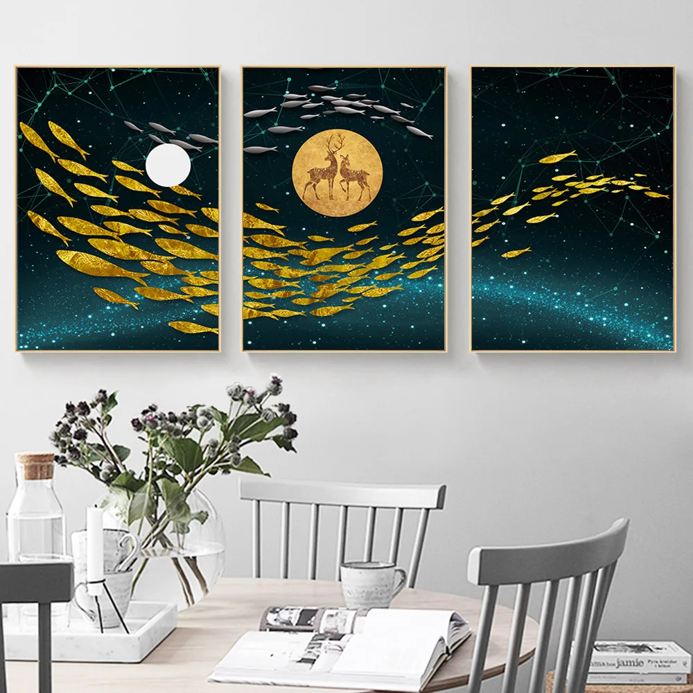 

Painting Nordic Abstract Golden Fishes Picture Decoration Home Wall Art Posters And Prints Picture Giclee Artwork