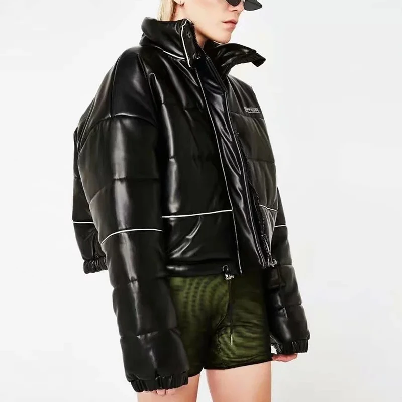 Куртка женская зимняя из искусственной кожи со светоотражающей хлопковой