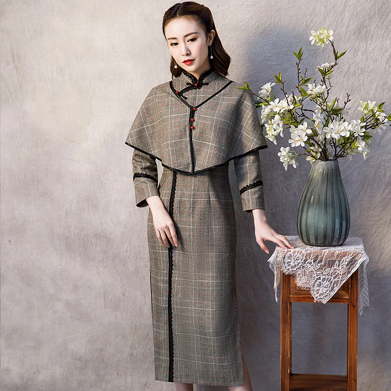 

Traditional Chinese Cheongsam Elegant Slim Qipao long sleeve winter Dress Mandarin Collar Vintage party Vestidos