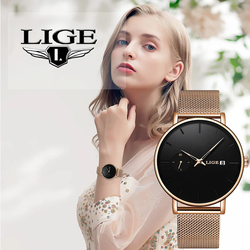 Часы LIGE женские водонепроницаемые из нержавеющей стали брендовые Роскошные