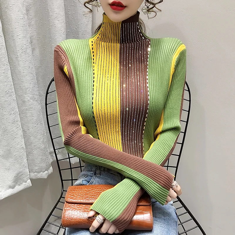 Свитер бриллианты с воротником хомут новая зимняя облегающая сращенная