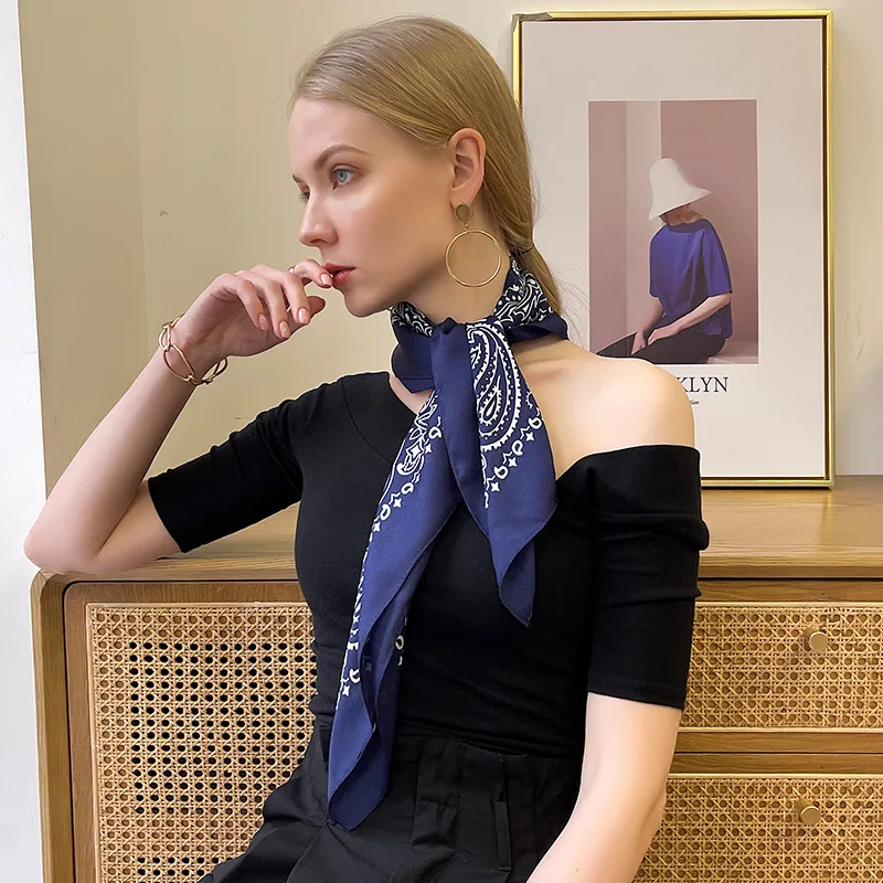 

2021 New Silk Scarf Women 70cm Square Blue Cashew Printing Gift Custom