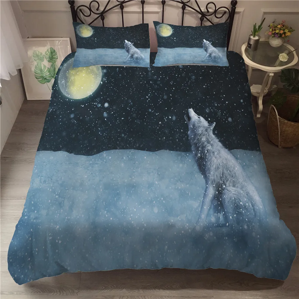 

Complete Double Bed Duvet Cover Snow White Wolf Howling Printed Bedding Clothes for Adult with Pillowcases King Single Size
