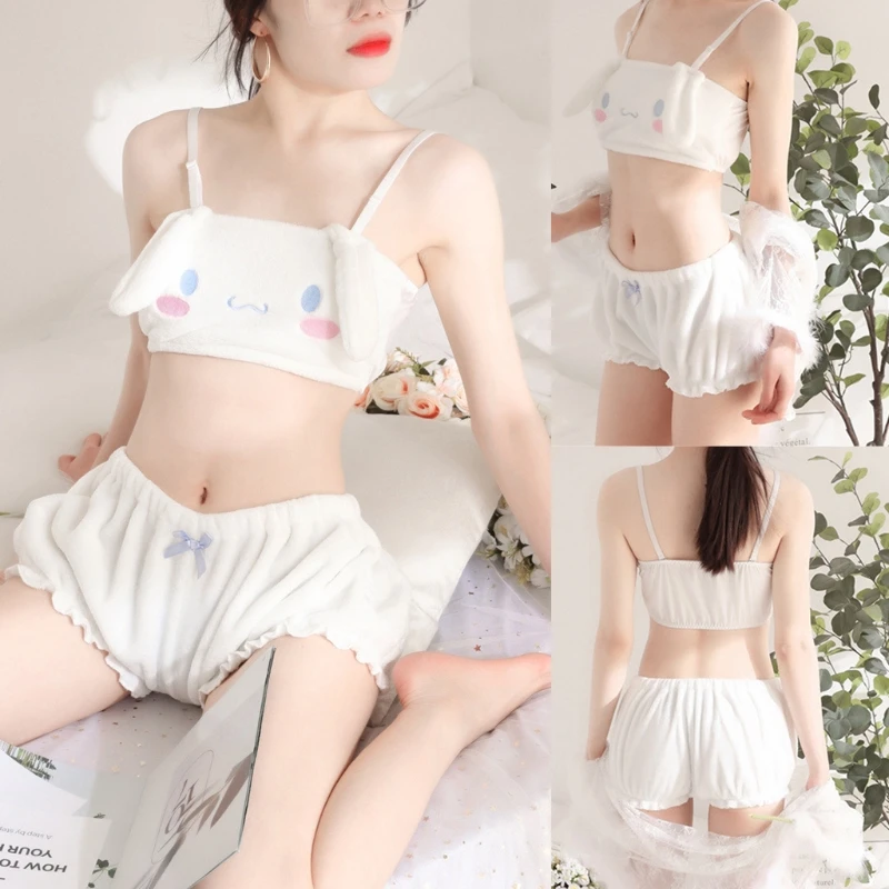 

Women Kawaii Anime Plush Pajamas Set Sweet Bunny Ears Velvet Tube Top Bra Bloomers Shorts Sleepwear Cosplay Lingerie