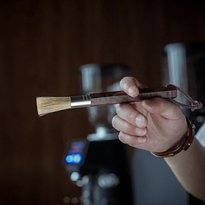 

Solid Wooden Coffee Machine Cleaning Brush Wild Boar Bristle Cleaner With Leather Cord Cleaning Tool With Leather Strap