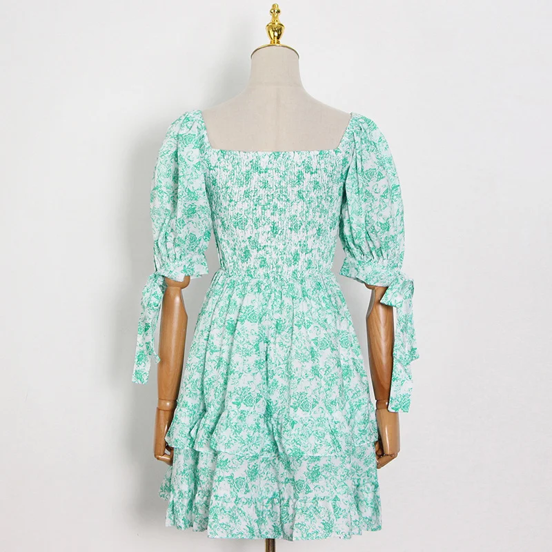 

SISPELL Puff Short Sleeve Dresses For Female Sqaure Collar High Waist Slimming Print Hit Color Women's Vintage Dress Fashion New