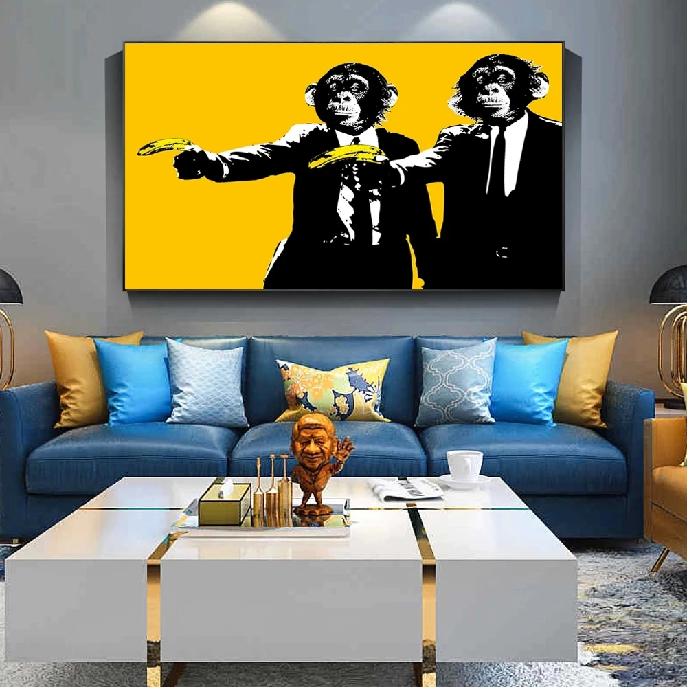 Картина на холсте орангутан забавная Современная желтая Настенная картина с