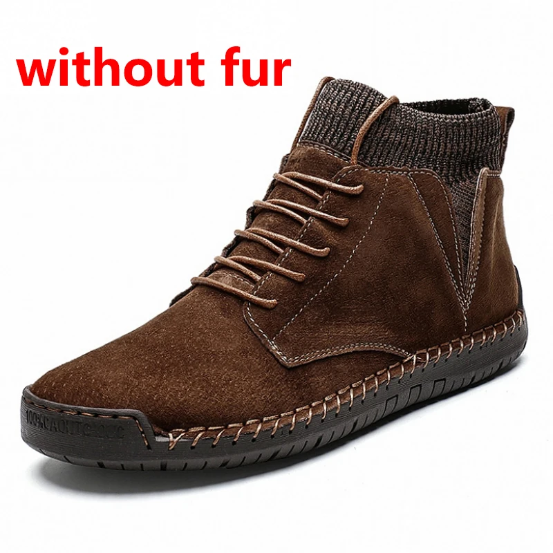 brown without fur JINTOHO/мужские кожаные ботильоны большого размера; модная мужская обувь из натуральной кожи; Брендовые мужские ботинки; теплые зимние ботинки; зимние ботинки для работы - Цвет: brown without fur