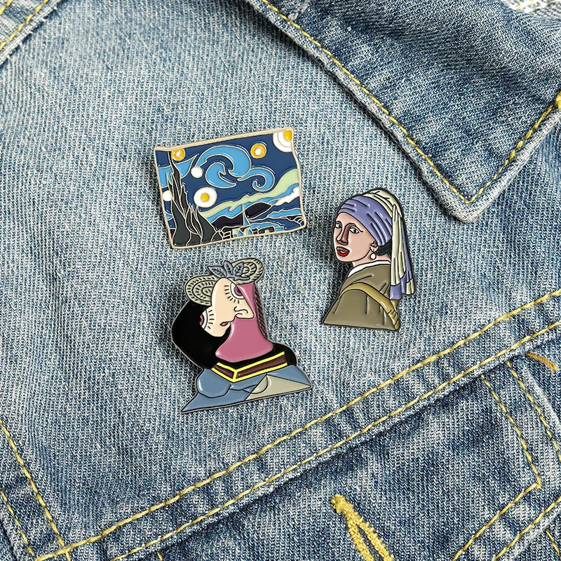 

Jewelry Art Painting Enamel Pins The Starry Night Girl with Pearl Brooches Clothes Bag Badges Gifts for Artist Collection