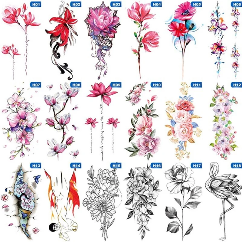 

Temporary Tattoo Color Rose Peony Flowers Black Maple Leaf Feather Art Tattoos Waterproof Water Transfer Fake Tattoo Stickers