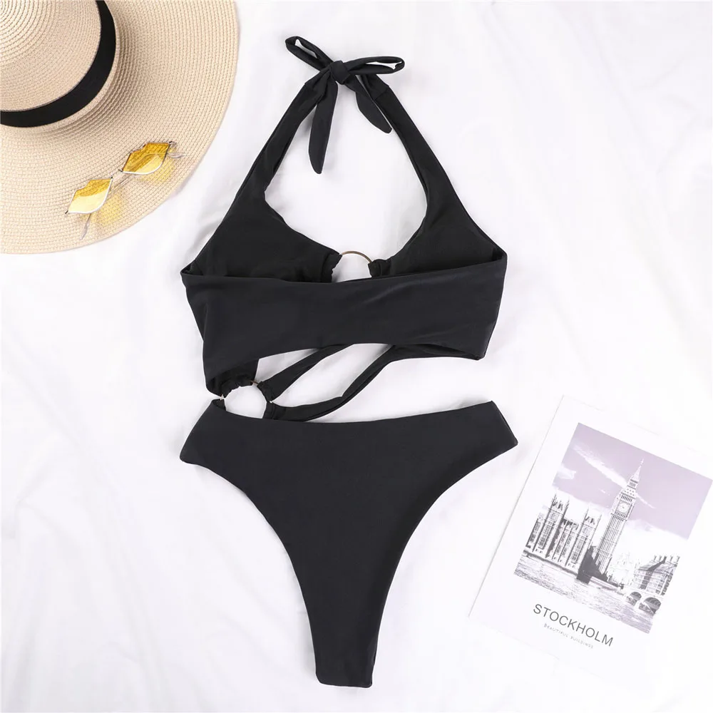 

2021 New Black One Piece Swimsuits High Cut Swimwear Women Cut Out Monokini Halter Swimming Suits Sexy Backless Bodysuits