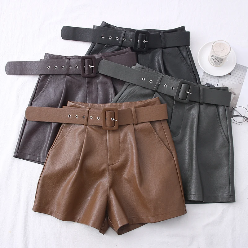 

2021 New PU Leather Shorts Women Shorts All-match Sashes Wide Leg Short Ladies Sexy Leather Shorts Autumn Winter