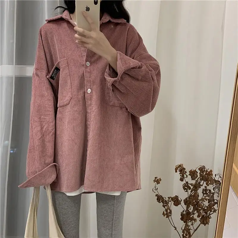 

2021 spring new long sleeve shirt loose Korean corduroy shirt coat for female students