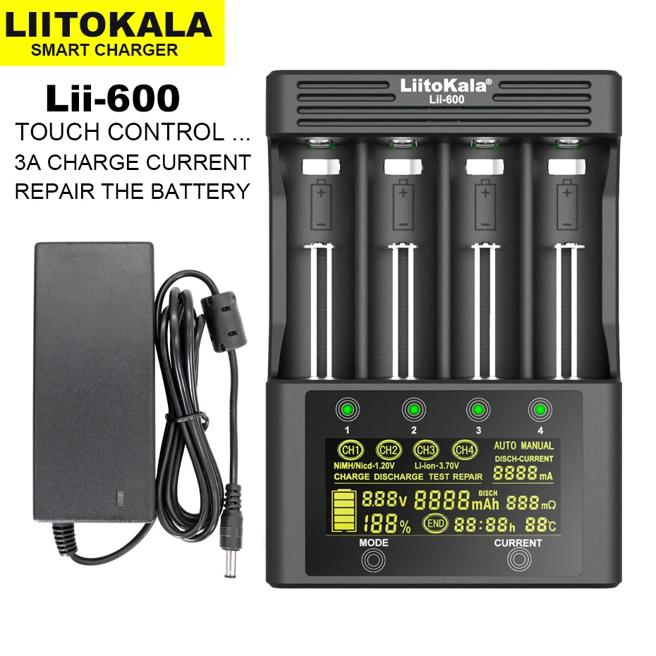 genuineoriginal liitokala lii 600 battery charger li ion 3 7v nimh 1 2v 18650 26650 21700 aa aaa smart battery capacity tester free global shipping