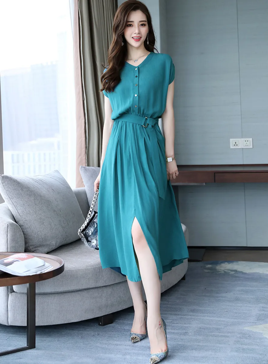 

2020 Elegant Split Chiffon Shirt Dress Fashion Large Size Temperament Long Women Maxi Dress Summer Autumn New Robe Grande Taille