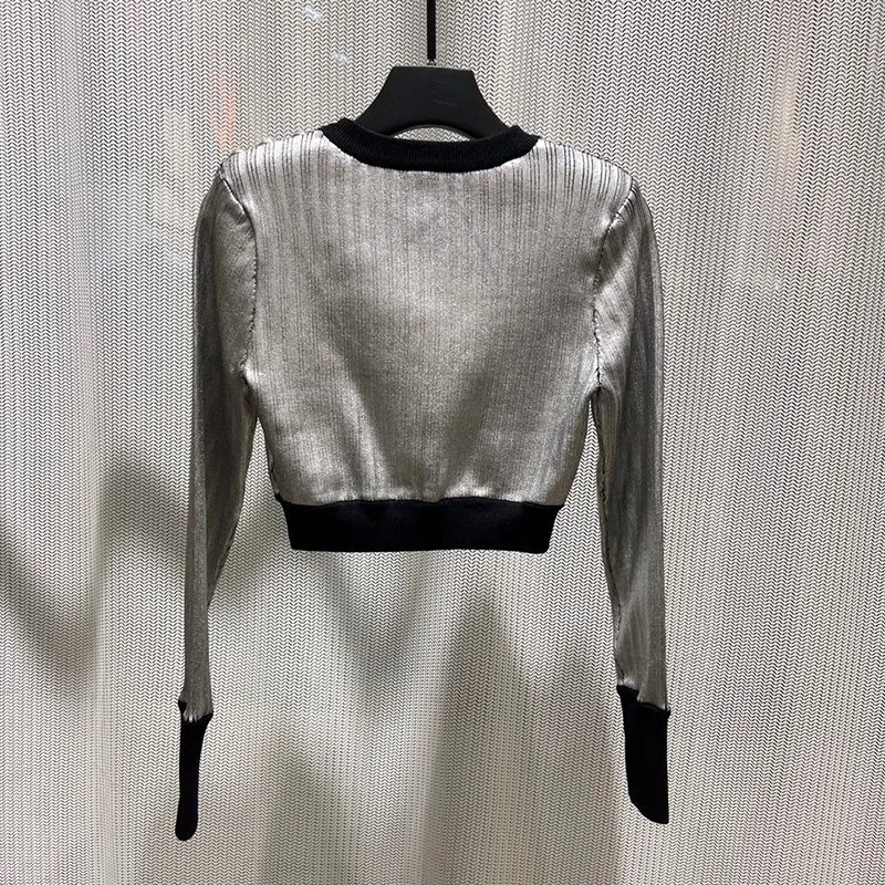 

Luxury Designer Clothing Women 2020 Fall Ladies Long Sleeve Elegant Gold Sliver Crop Knitted Sweaters