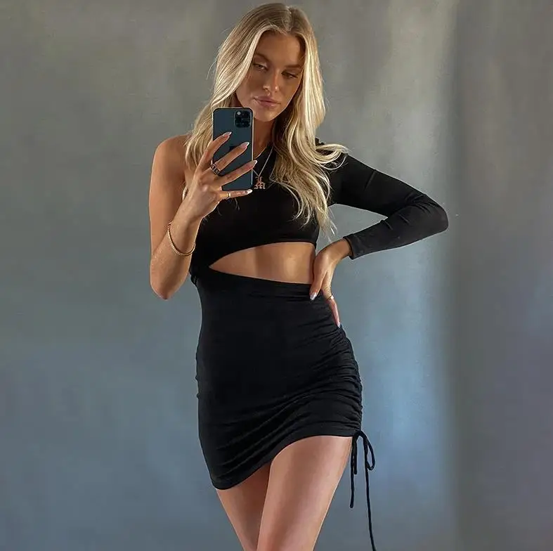 

Соблазнительная Клубная одежда, женское облегающее платье на одно плечо с вырезами, Женская однотонная обтягивающая юбка с кулиской для св...