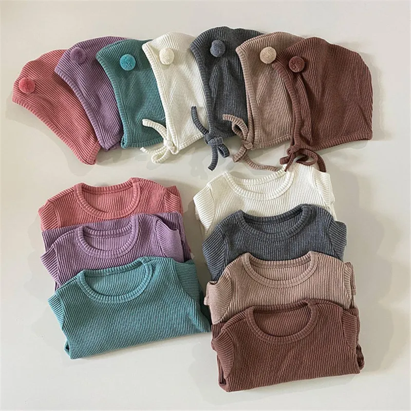 Корейский стиль Детский комбинезон с шапкой комплекты Хлопковые вязаные свитера