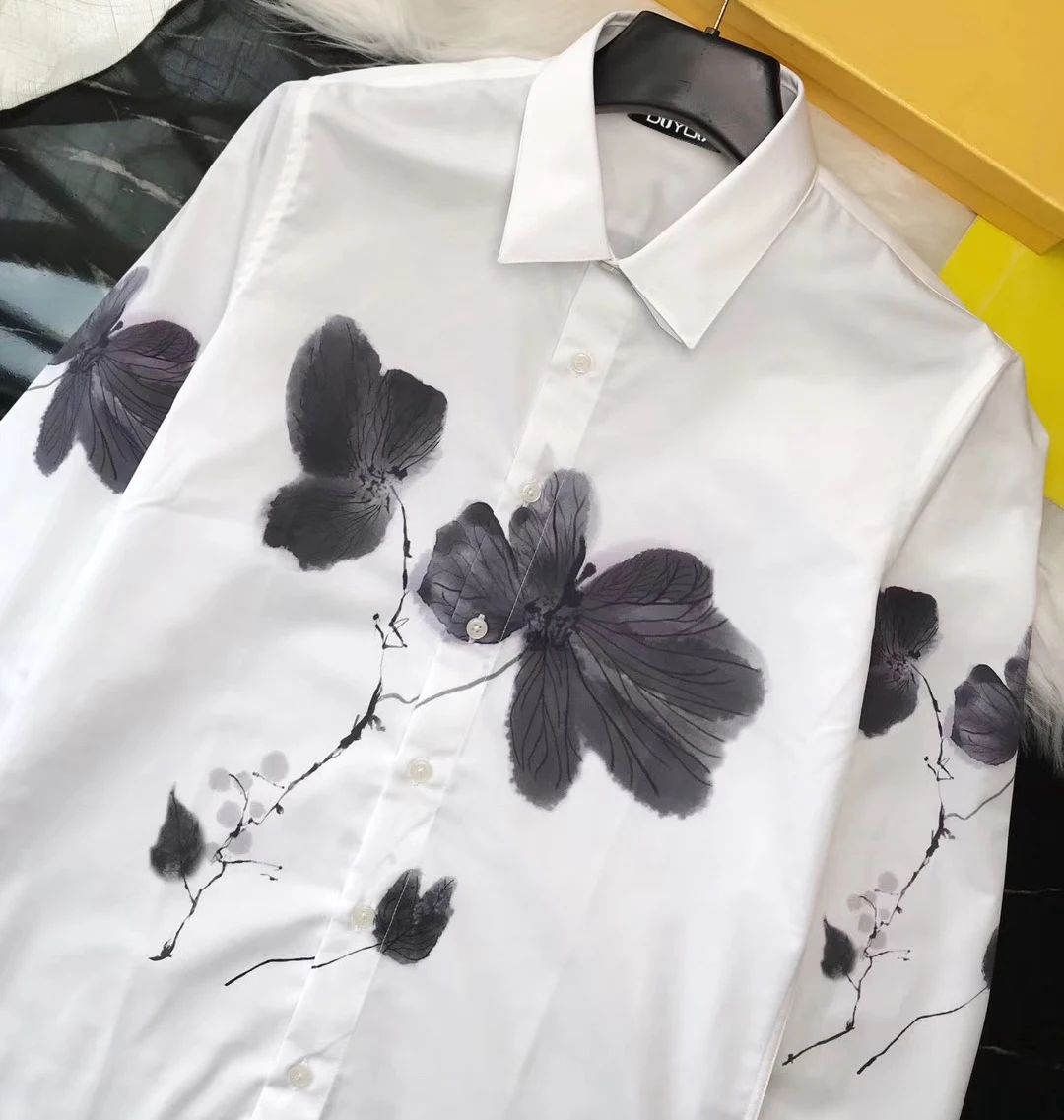 

DUYOU Mens Cotton Shirt Men Dress Shirt Men Chinese style ink painting lotus print High Quality Slim Fit Casual Shirts DY2290