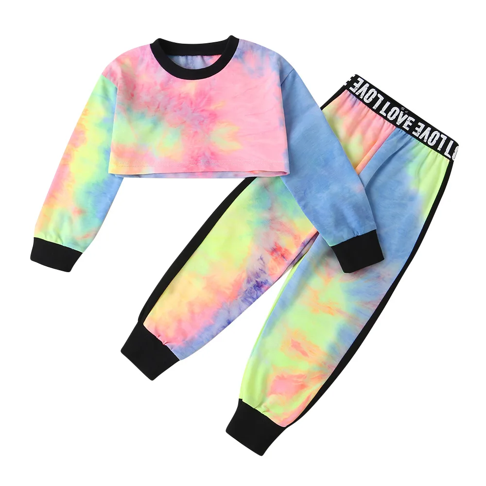 

18M-6T Toddler Autumn Suit 2Pcs Multicolor Tie-Dyed Long Sleeve Crop Top High Waist Pants Sets for Little Kids Girls Children