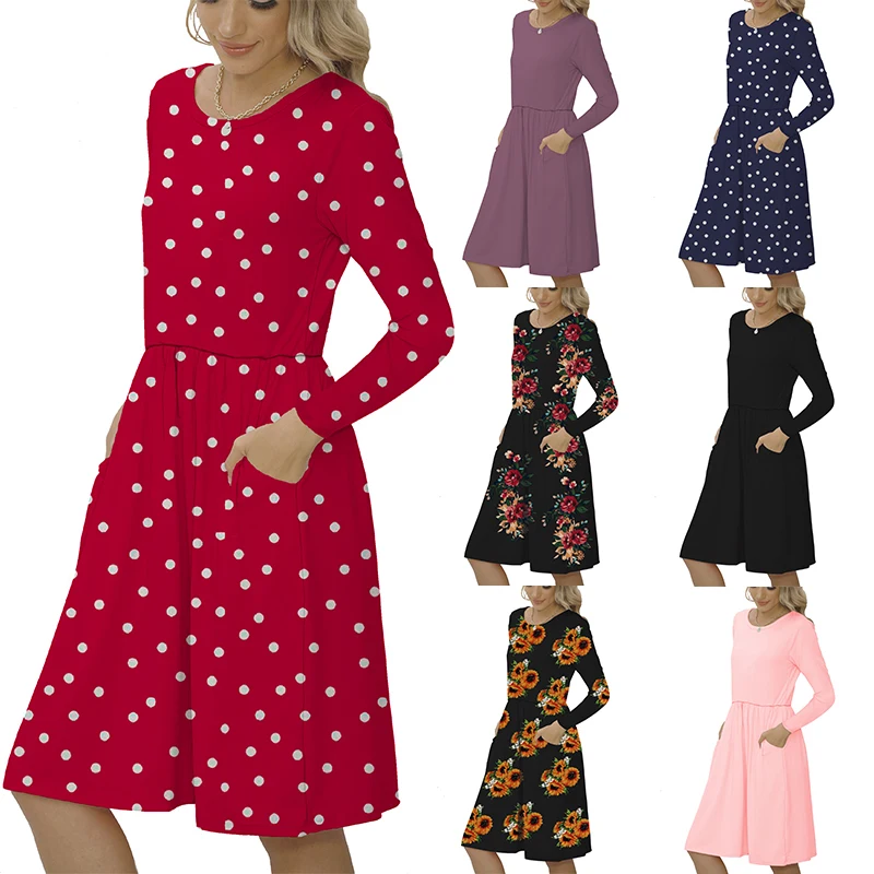 

Winter Dress Women Ruffle 2020 Sexy Black Casual Slim Long Sleeve Party Dresses Plus Size Loose Polka-dot Dress Pocket Vestidos