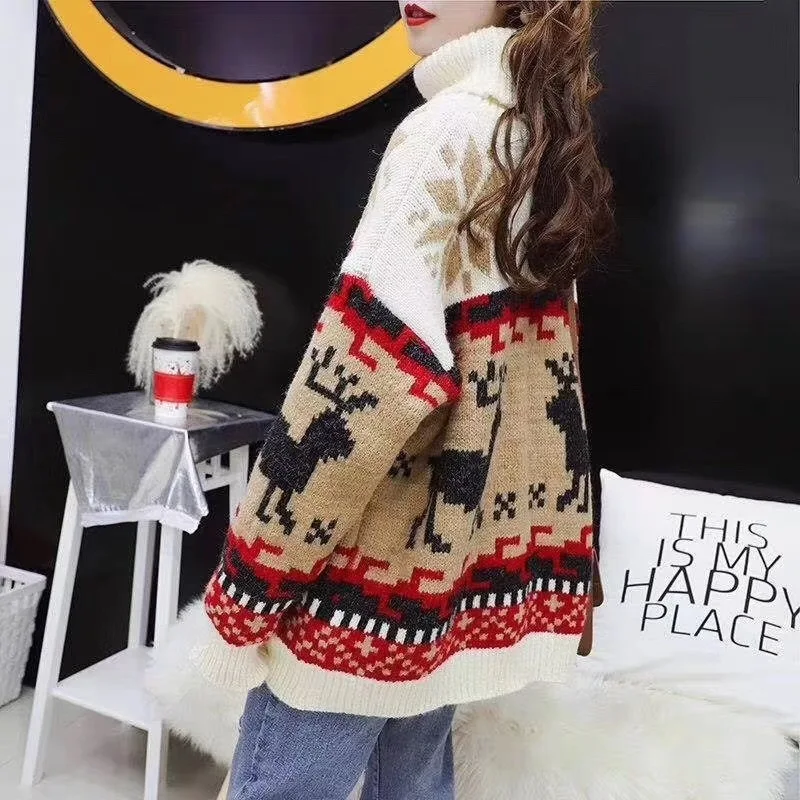Женский Рождественский свитер с высоким воротником Осень зима 2020 новая