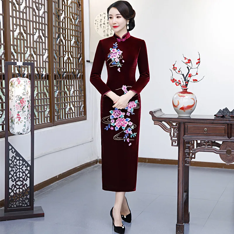 Бархат Китайский стиль сексуальная леди Qipao вышивка элегантный тонкий